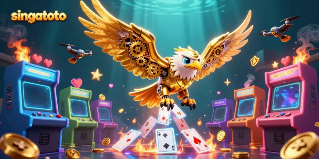 Experience thrilling action in singatoto with a golden eagle amidst 3D gaming excitement.