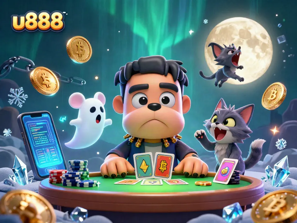 Engage with u888's immersive gaming world featuring vibrant 3D characters and crypto elements.