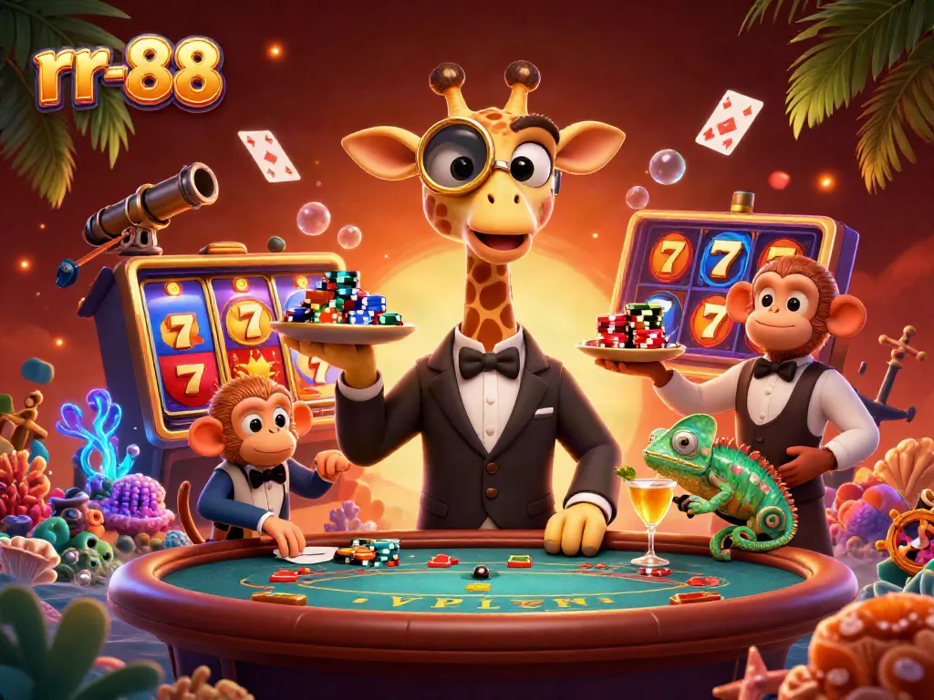 Experience the excitement of rr-88 at a vibrant casino scene with a high-roller giraffe and colorful slot machines.