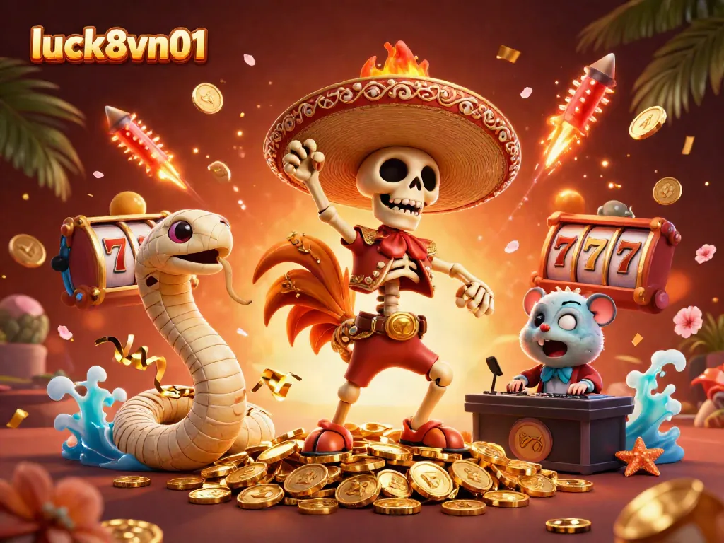 Celebrate wins at luck8vn01 with a vibrant scene of a cartoon mariachi rooster dancing on gold coins amidst dynamic casino elements.