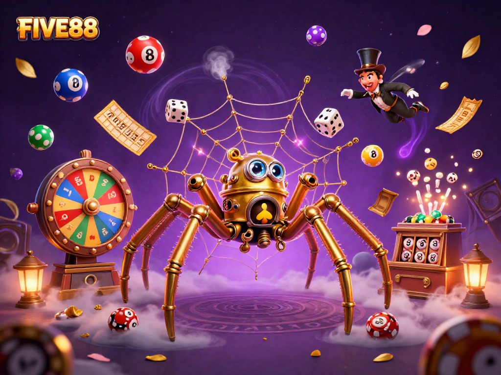 Catching dice in a web of opportunity, FIVE88 showcases vibrant lottery elements and a steampunk spider in an engaging scene.