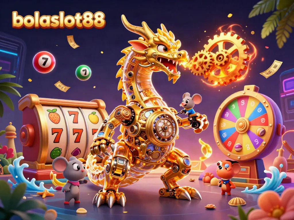 Engage with bolaslot88 in this thrilling 3D illustration featuring a golden dragon and dynamic casino elements.