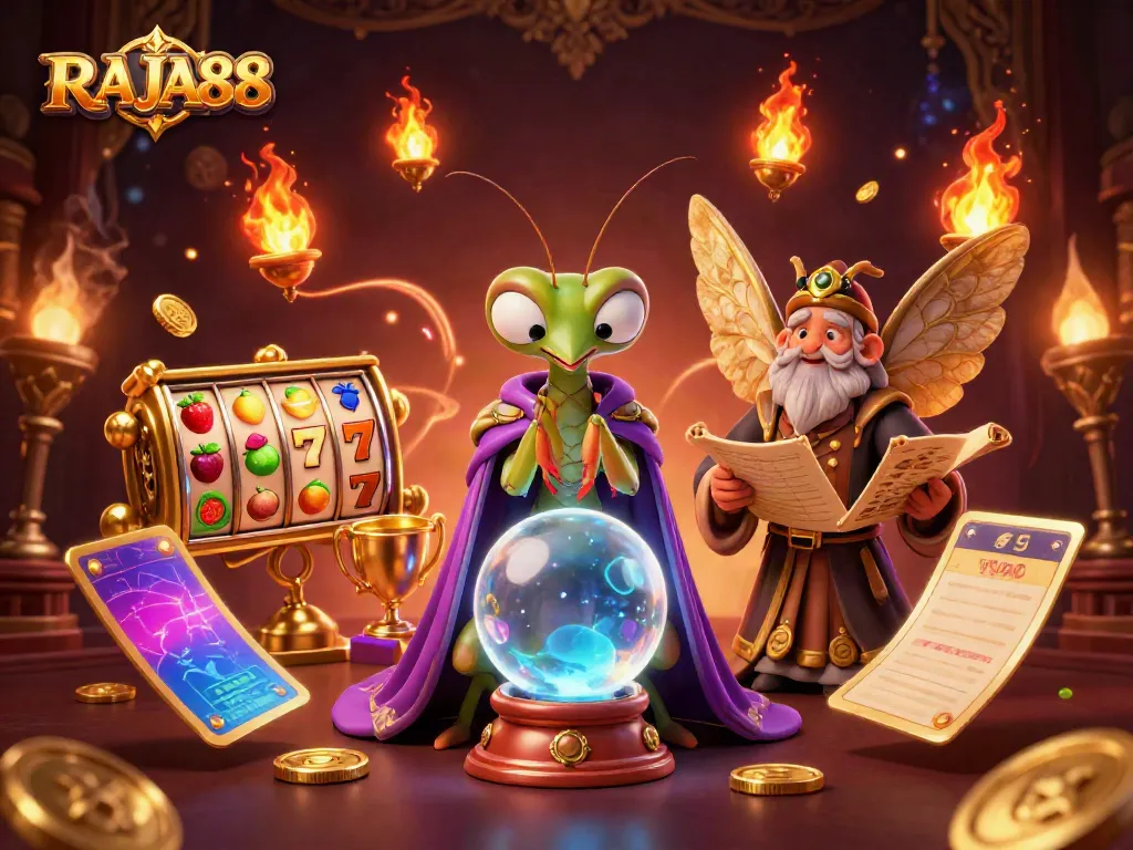 Gambaran RAJA88 dengan karakter pengeling mistis dan elemen mesin slot yang menggoda.