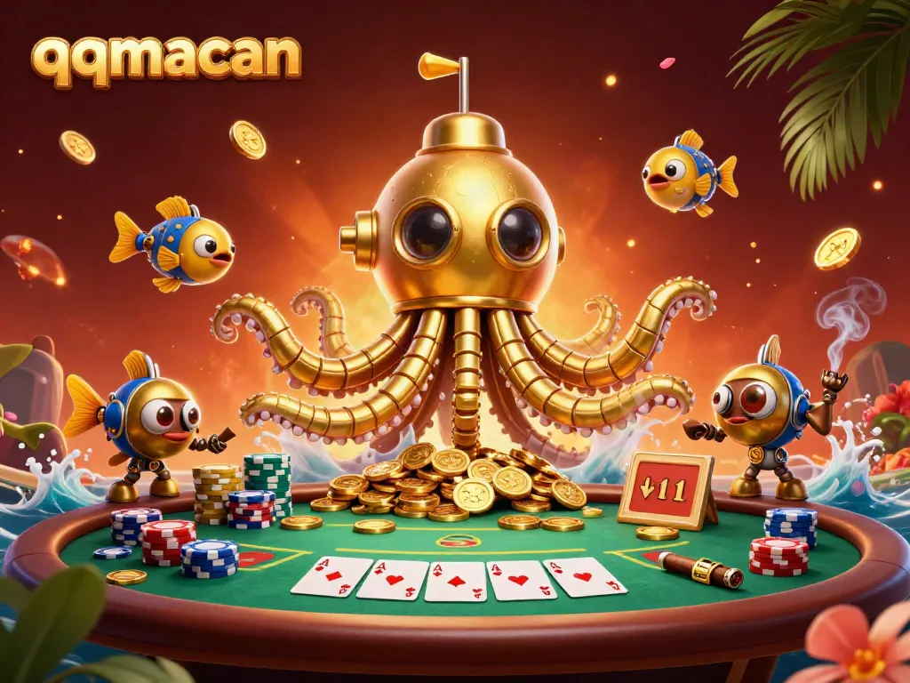 Experience thrilling gameplay with qqmacan's golden kraken submarine and poker elements in a vibrant 3D illustration.