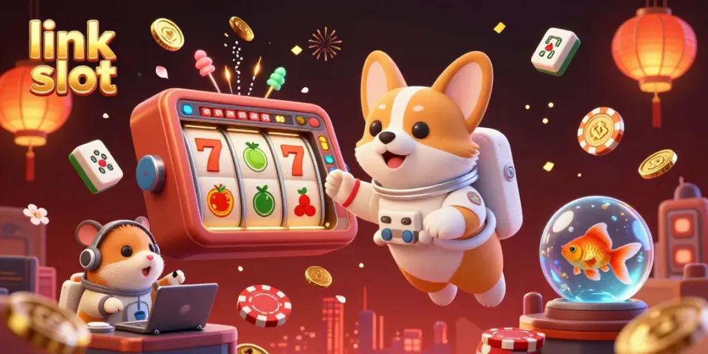 Interactive scene of a 3D astronaut corgi among slot machines representing link slot excitement in a casino atmosphere.
