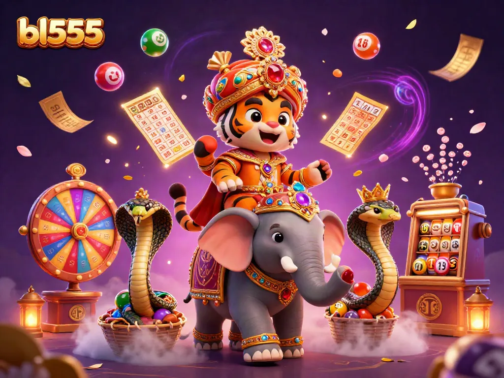 Engage in the thrilling world of bl555 with a vibrant 3D scene featuring a maharaja tiger and dynamic lottery elements.