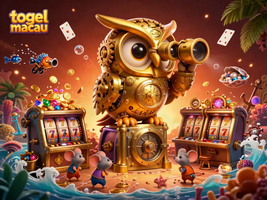 Engage with togel macau action where a golden owl oversees a vibrant casino filled with treasures.