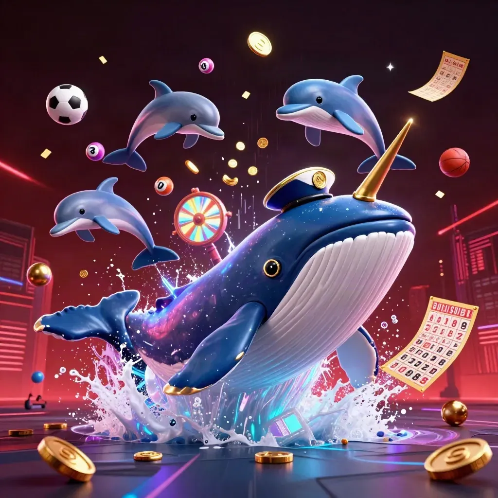 Whale, narwhal, and dolphins burst through coins with casino tokens and neon energy.