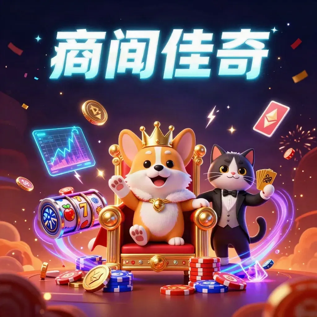 Royal corgi and cat butler on a glowing chip throne amid neon coins, reels, lightning, and fireworks.