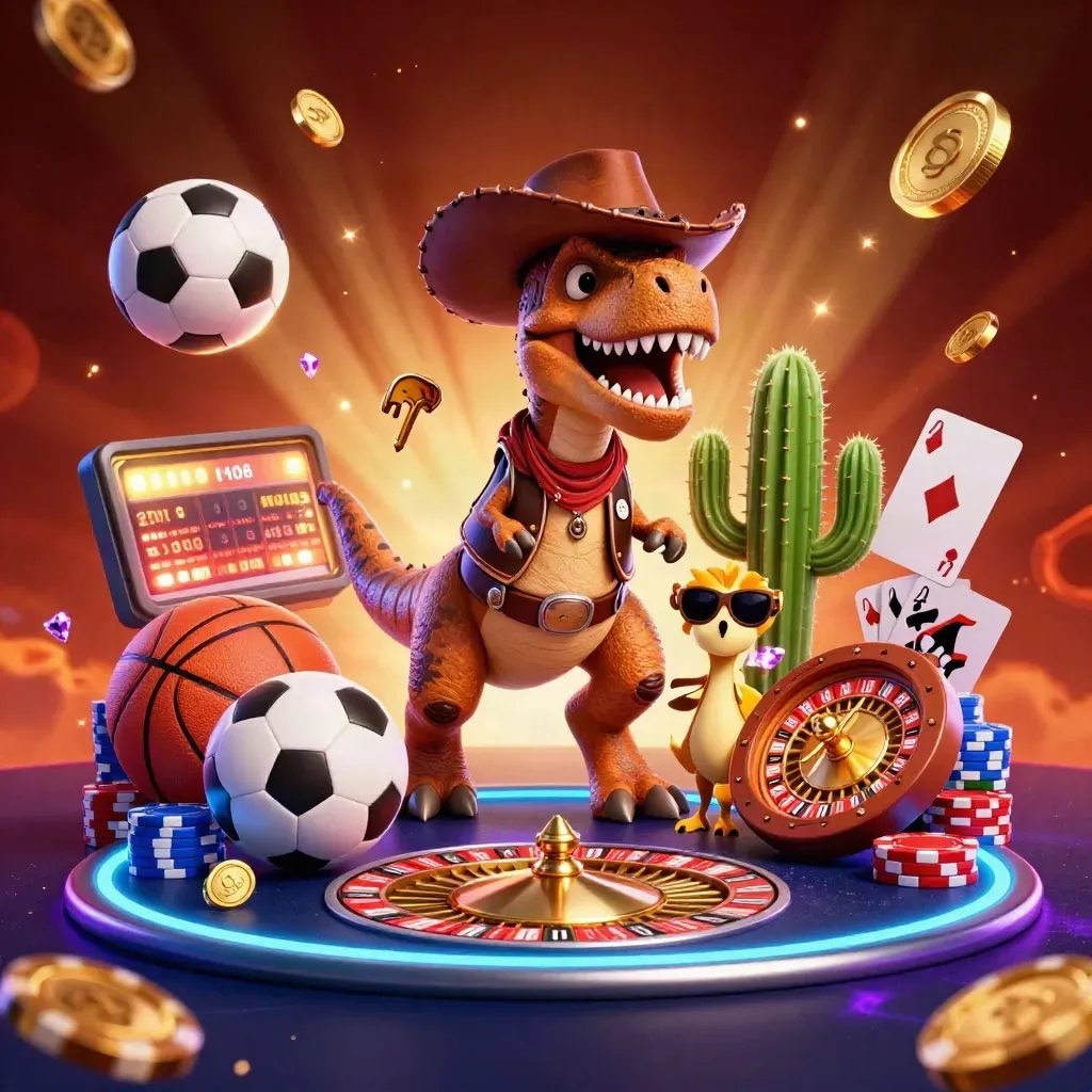Cowboy T-Rex, cactus sidekick, and roadrunner amid casino sports props and flying coins