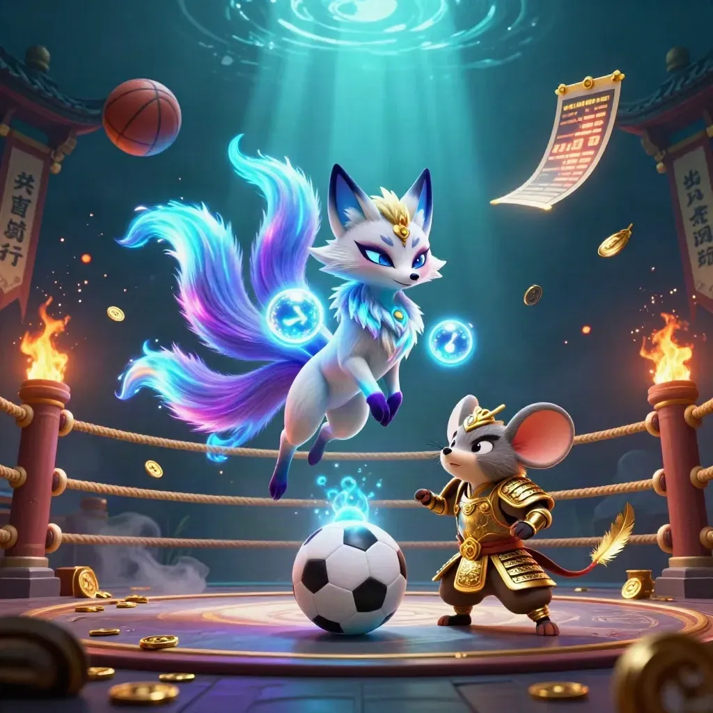 Neon fox spirit and samurai mouse amid a frozen soccer strike, gold coins, temple gate, and cosmic light.