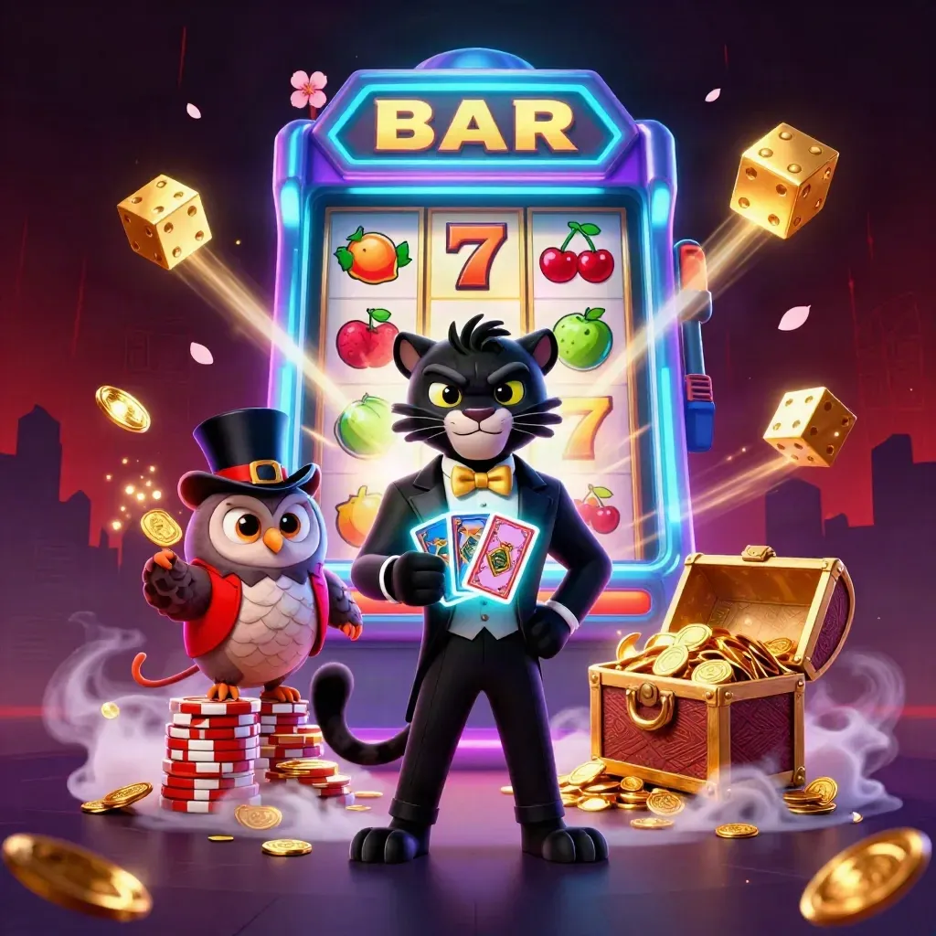 Panther, owl and mouse in neon slot art with bursting machine, chips, dice and treasure.