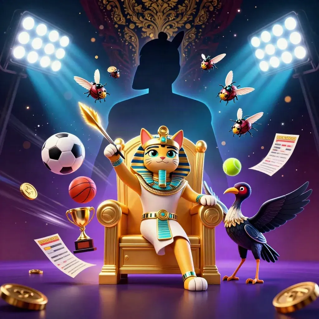 Pharaoh cat, ibis scribe and gem scarabs amid flying sports balls and gold casino lights.
