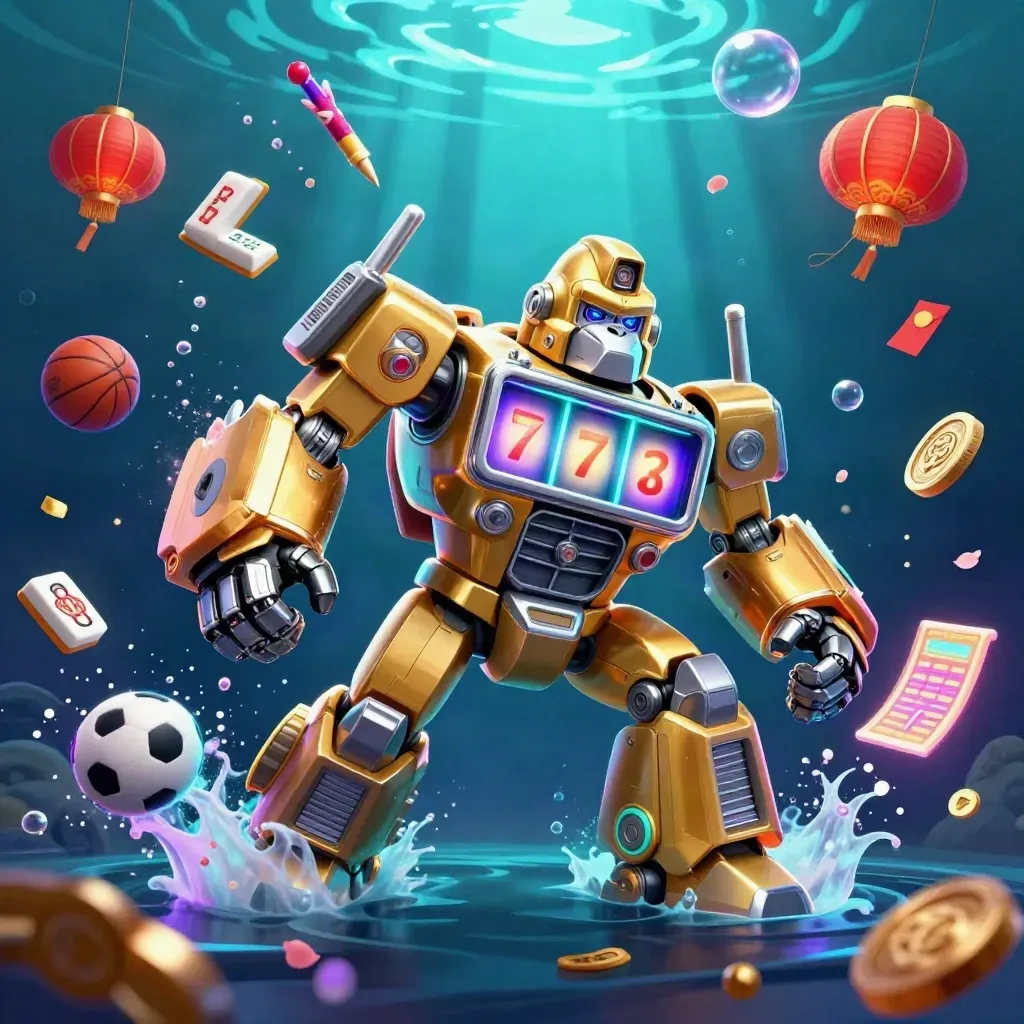 Golden gorilla slot-mech with monkey pilot, soccer ball and basketball, underwater neon casino burst.