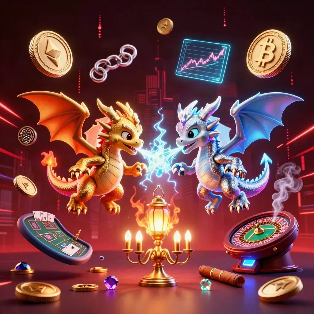 Gold and silver dragons whirl around casino lights, coins, and neon sci-fi energy in a dark lounge.