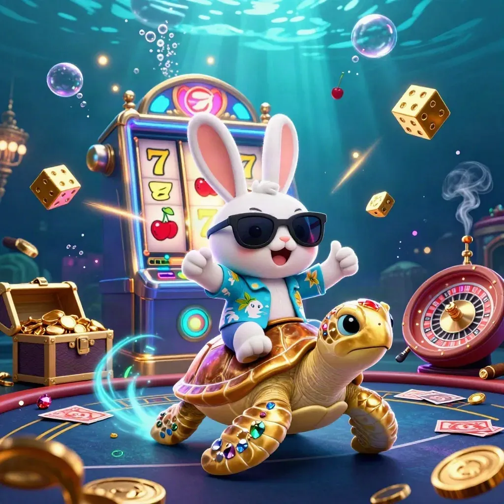 Rabbit riding a gem turtle amid slot burst, roulette spin, and glowing underwater casino lights.