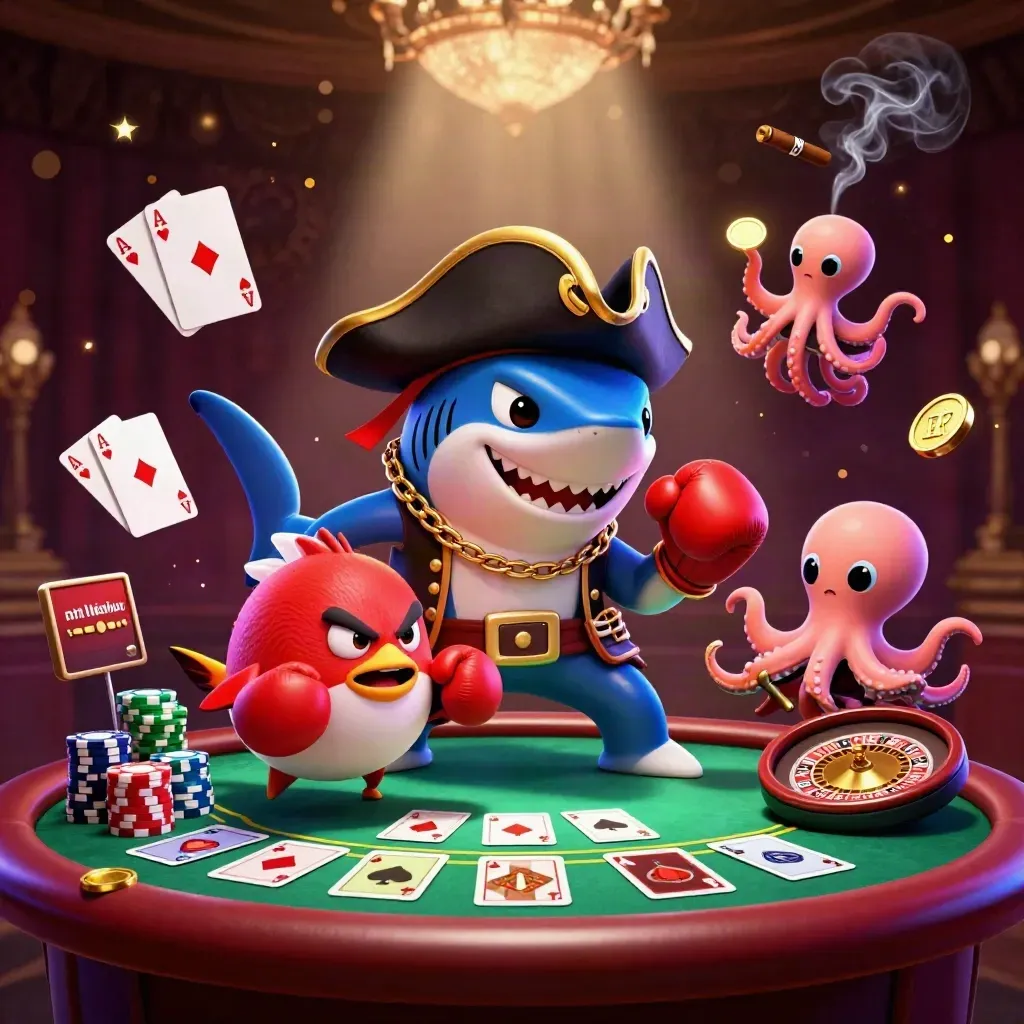 Pirate shark, boxing pufferfish, and coin-juggling octopus in a glowing casino scene.