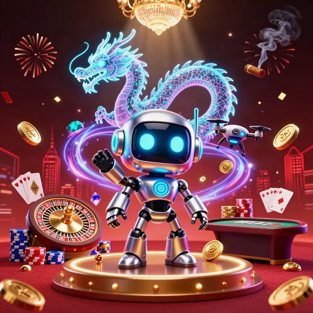 Cyberpunk robot, holographic dragon and coin drone amid casino lights, coins, cards and chips