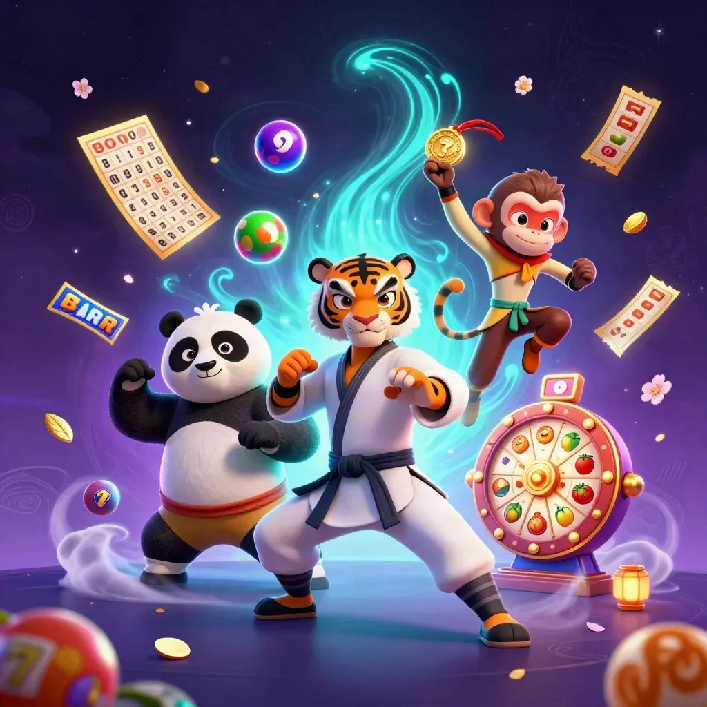 Kung-fu tiger, panda, and monkey amid neon casino bursts in a cosmic purple scene