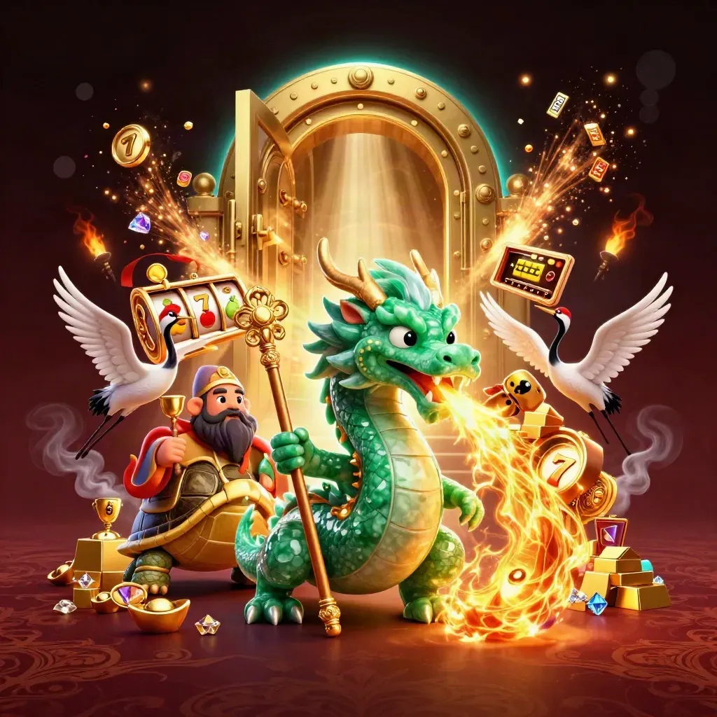 Emerald dragon, turtle sage, and cranes burst from a golden vault amid neon casino treasure.