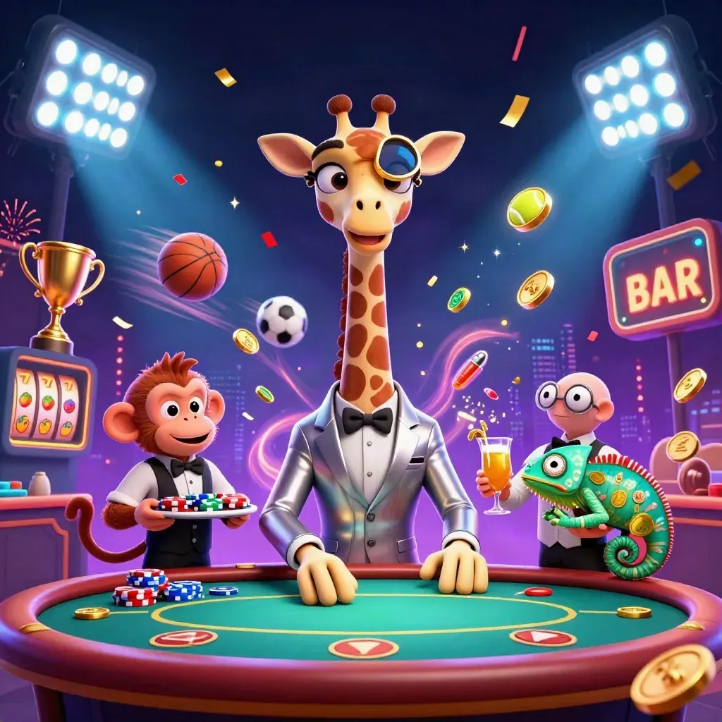 Giraffe, monkey and chameleon casino heroes amid coins, balls, trophies, sparks and neon energy.