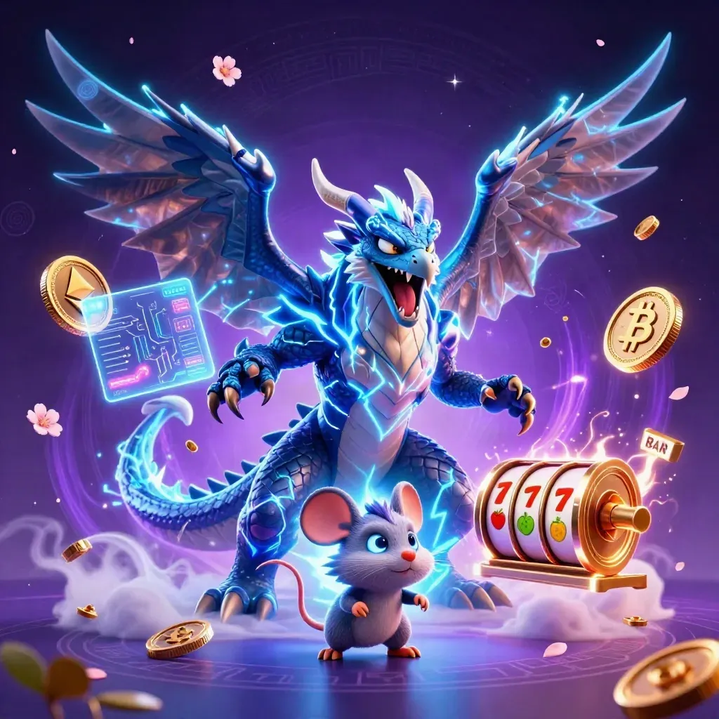 Thunder dragon, wind hawk, and static mouse amid neon coins and cosmic casino energy.
