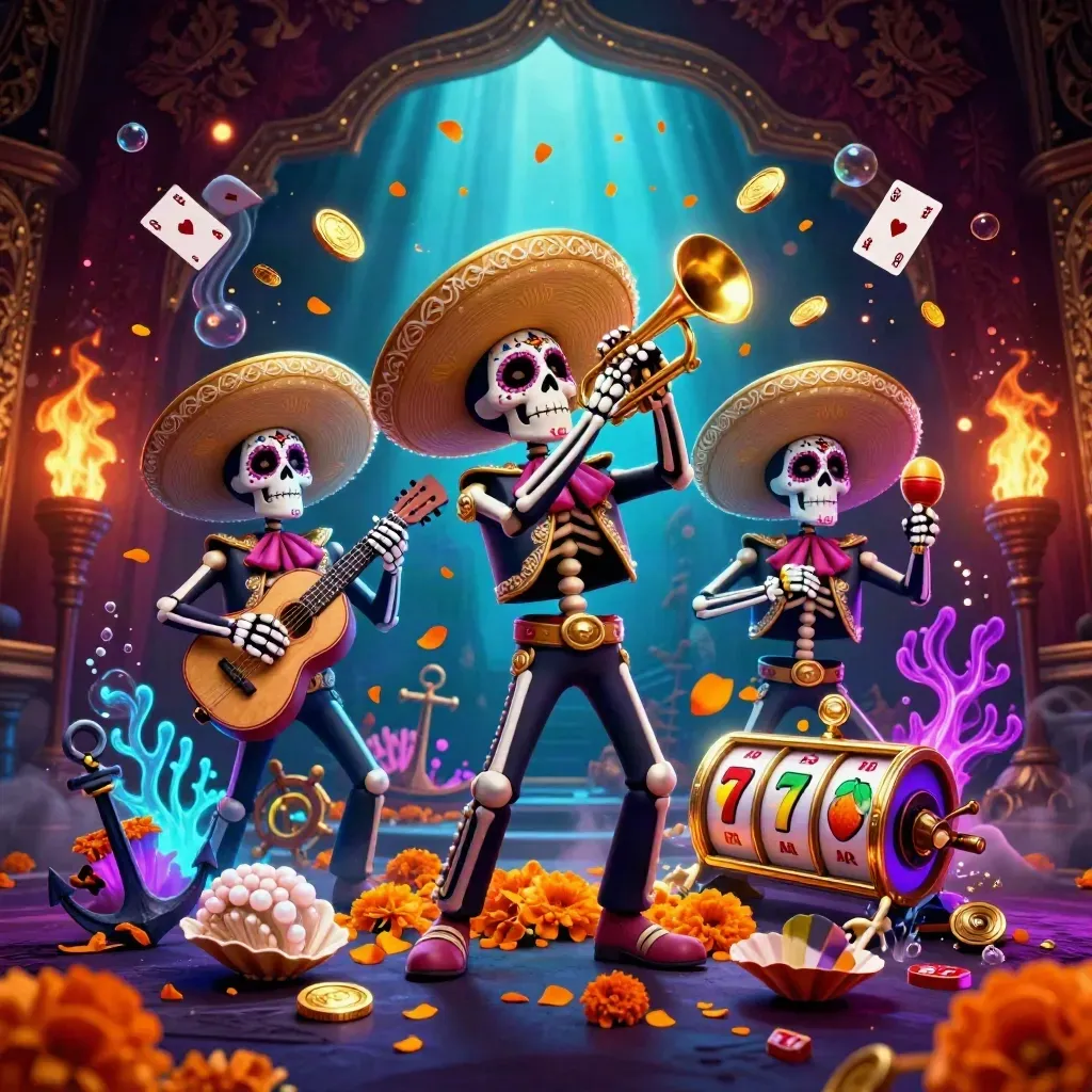 Day-of-the-Dead skeleton mariachi trio in a glowing underwater treasure cove with coins, coral, and casino symbols