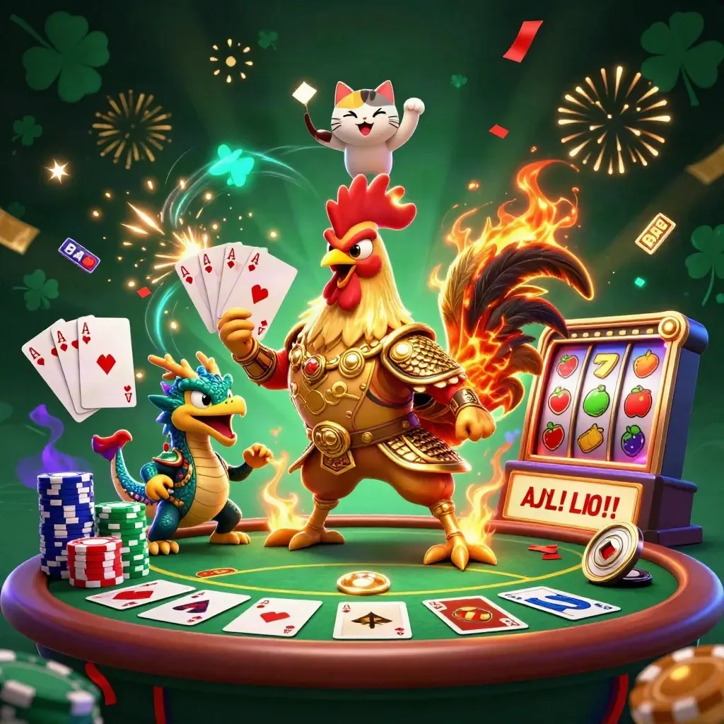 Rooster samurai, dragon hatchling and fortune cat amid chips, sparks and neon cyan casino energy.