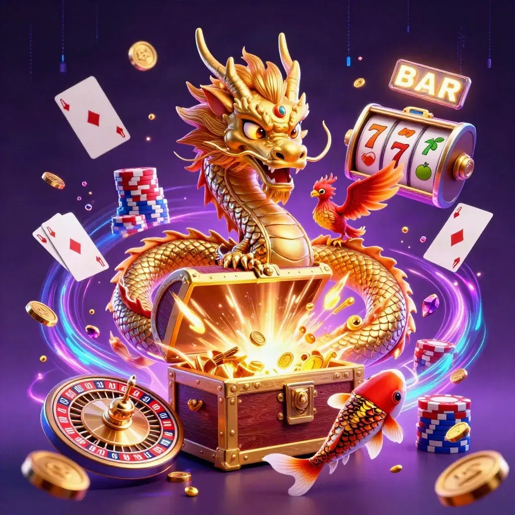 Golden dragon chest burst with phoenix, koi, coins, chips, reels and neon casino energy
