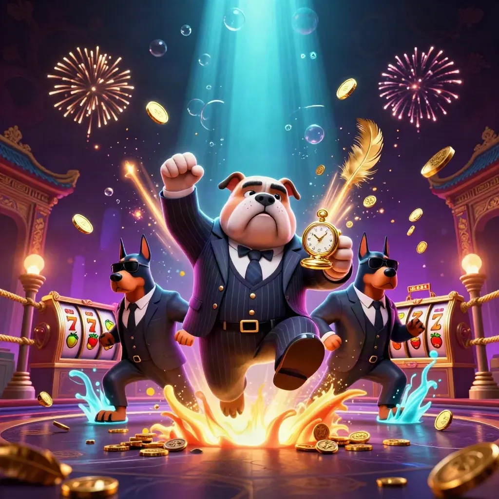 Bulldog mafia boss and two Doberman guards burst amid coins, fireworks, reels, and neon casino glow.