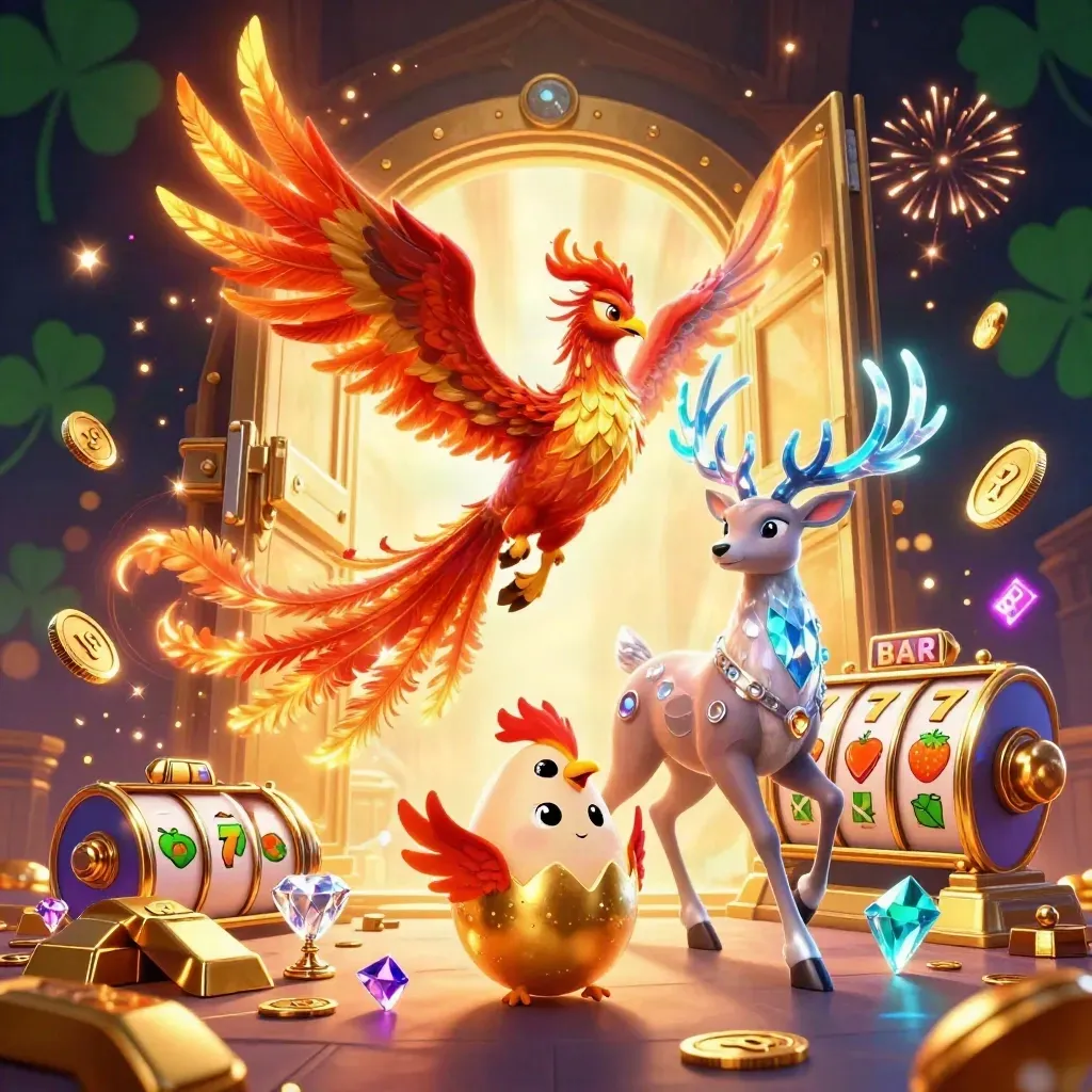Phoenix, hatching egg, and crystal stag burst from a glowing vault with gold, gems, and slot symbols.