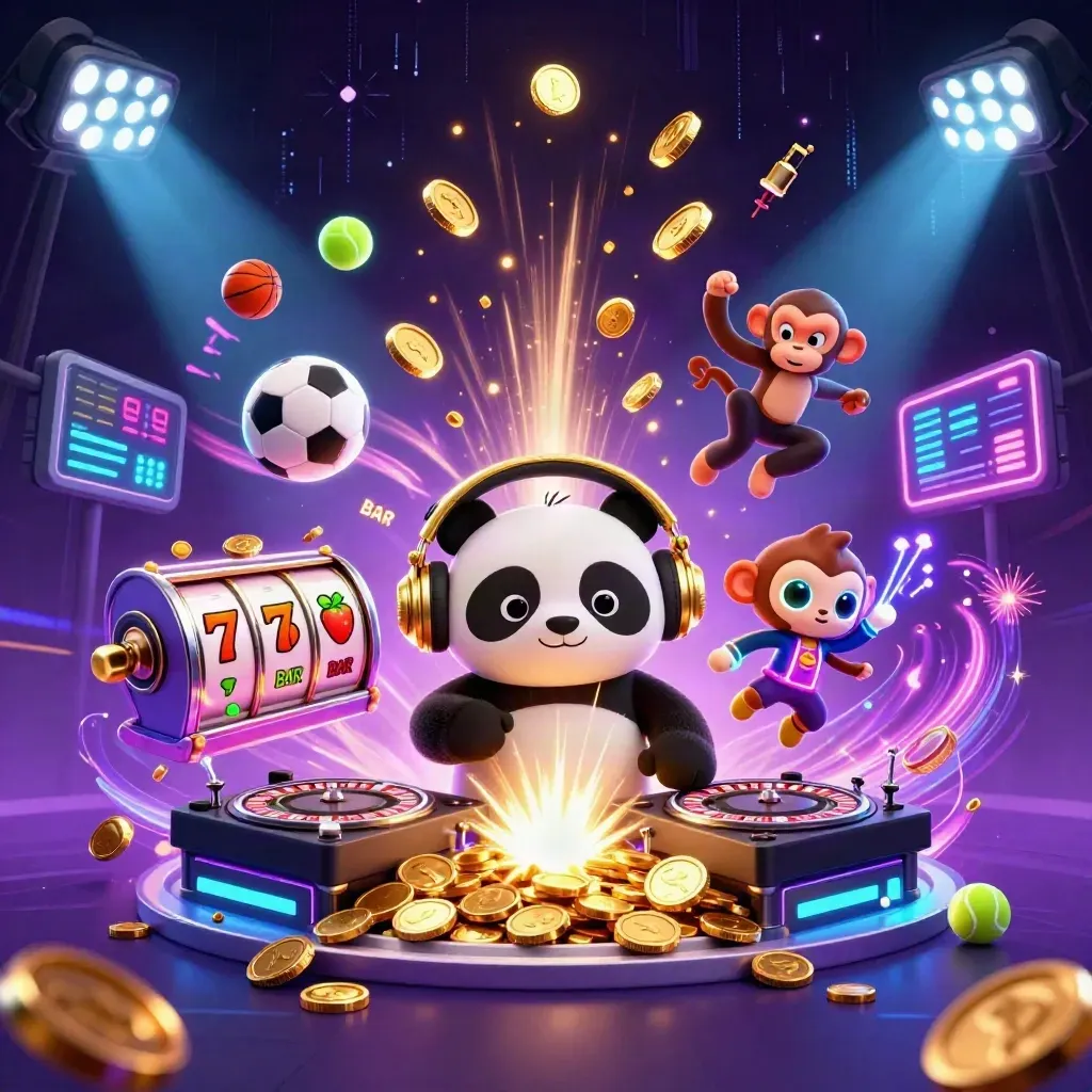 Panda DJ, monkey dancer and neon kitten amid vault burst, coins, sports balls and cosmic lights.
