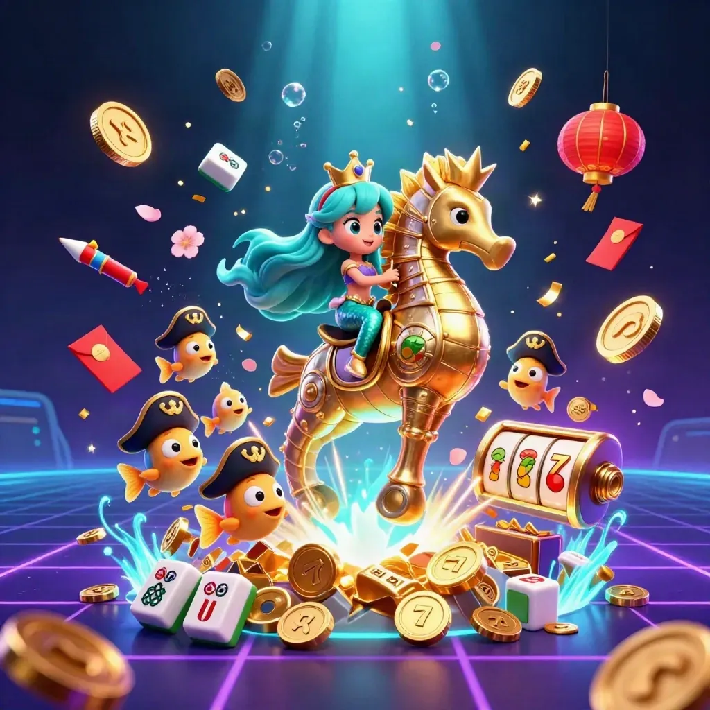 Mermaid princess on golden seahorse with pirate fish, coins, fireworks and neon casino glow.