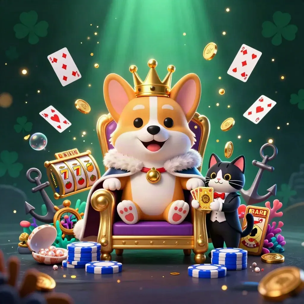 Royal corgi and cat butler on chip throne amid treasure cove, coins, coral, cards, and glowing casino effects.