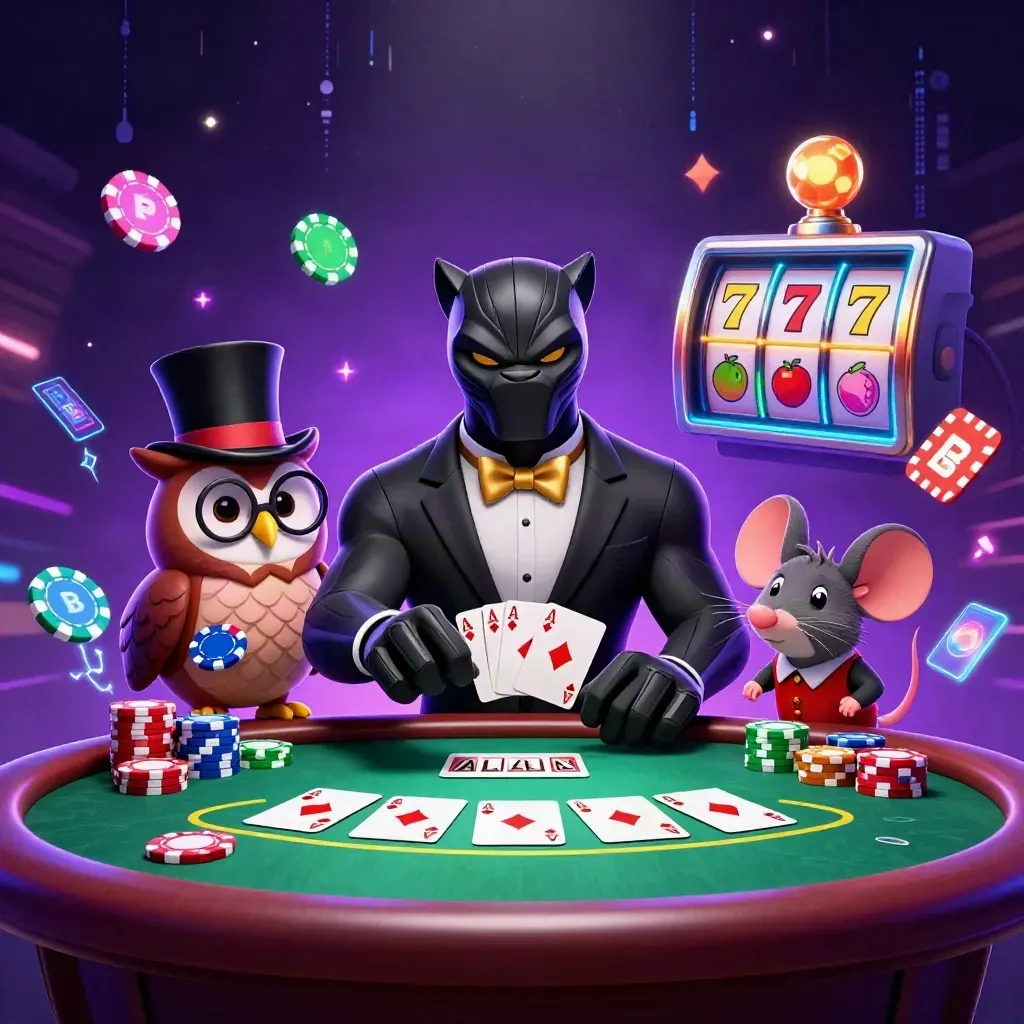 Panther, owl, and mouse casino heroes amid chips, cards, reels, and neon energy.