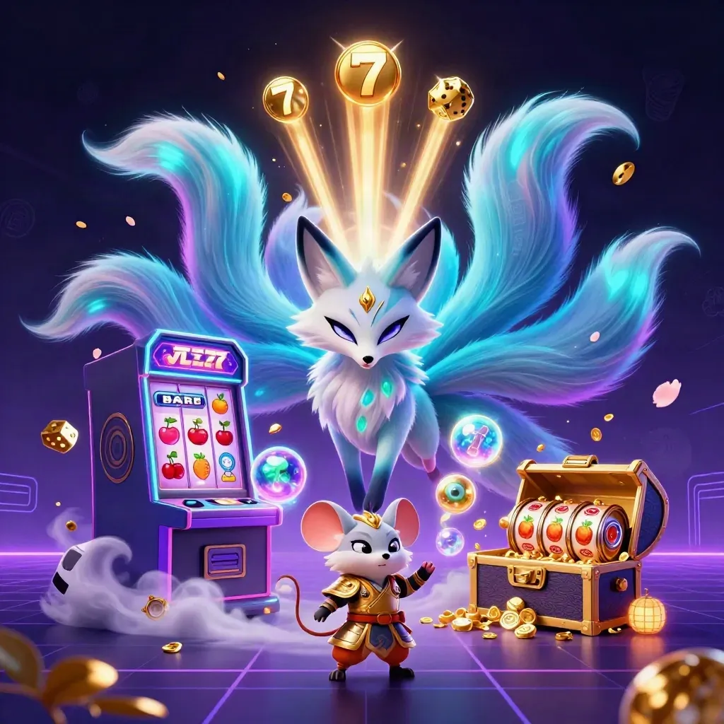 Neon fox spirit and samurai mouse with bursting slot machine jackpot effects