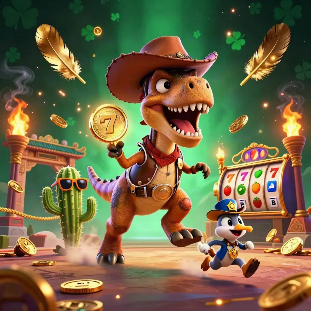 Cowboy T-Rex, cactus sidekick, and sheriff roadrunner amid neon casino relics and embers.