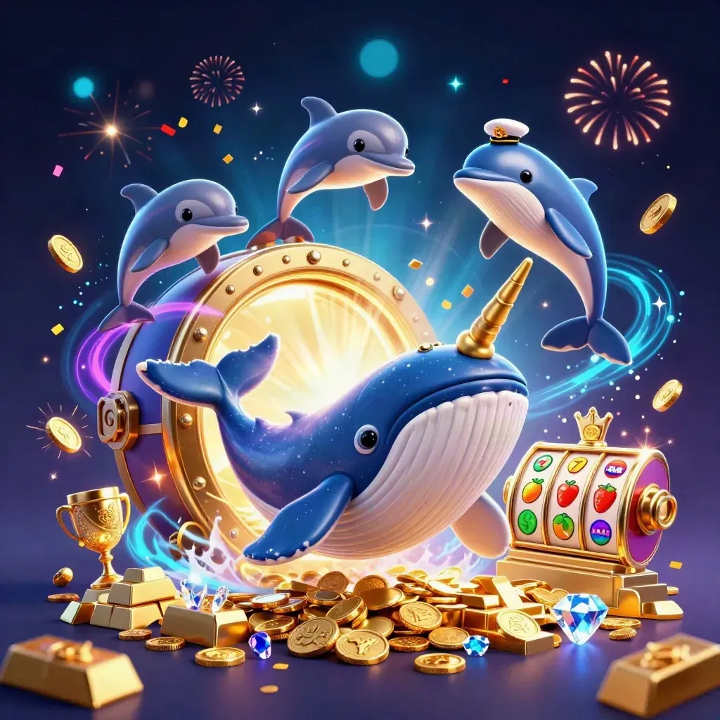Captain whale, narwhal, and dolphins burst through coins around a glowing vault