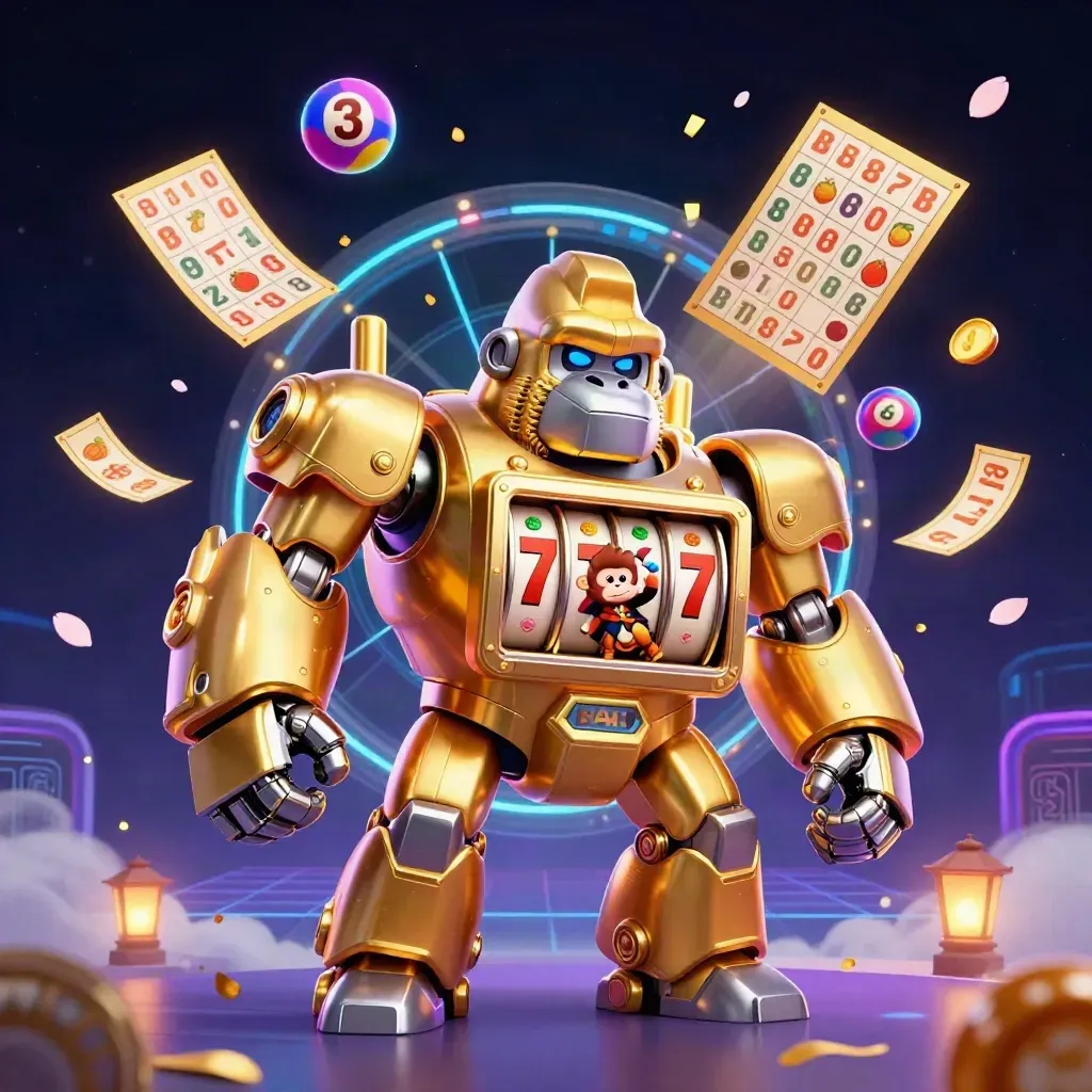 Golden gorilla mech and tiny monkey pilot amid slot reels, balls, bingo card, wheel, and purple neon glow.