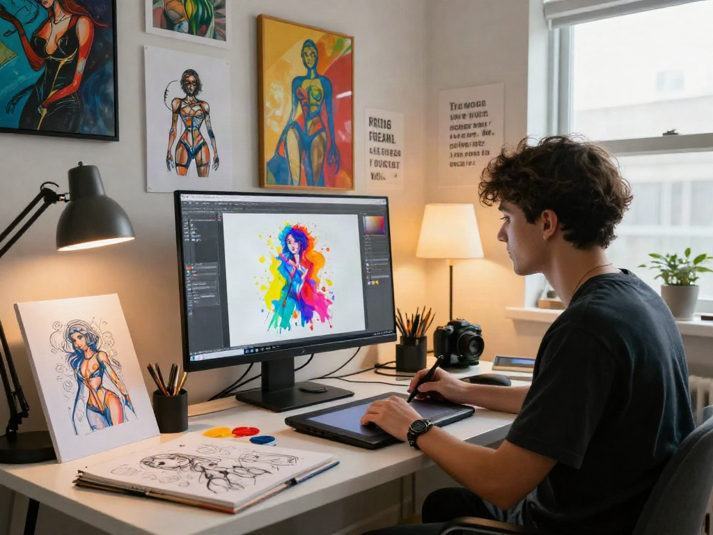 Artistic digital studio scene featuring an artist using a porn AI generator with creative artworks displayed.