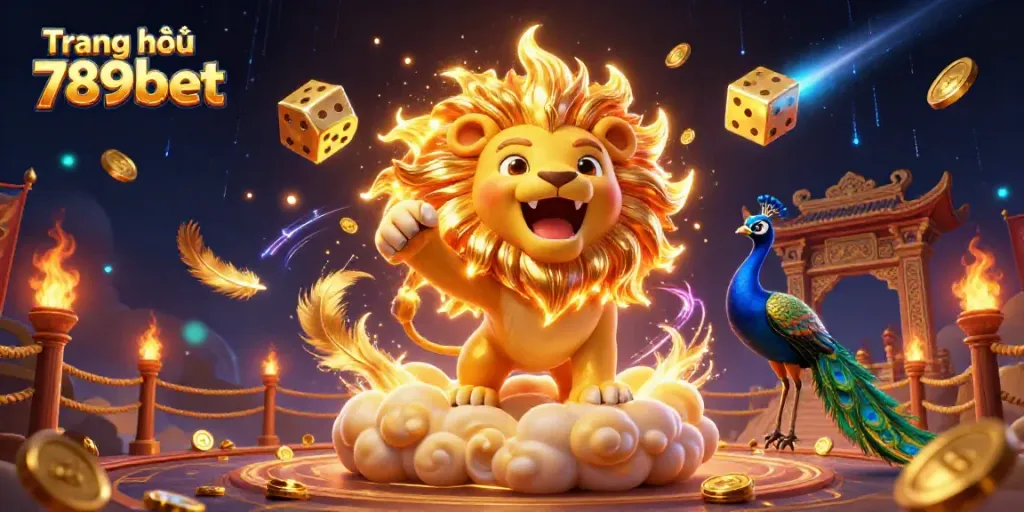 Engage with thrilling gaming action at Trang chủ 789bet featuring dynamic golden dice and a roaring lion.