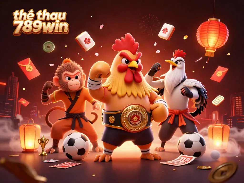 The vibrant scene features thể thao 789win with a Muay Thai rooster, a Shaolin monkey, and a wise crane master amidst dynamic sports betting elements.
