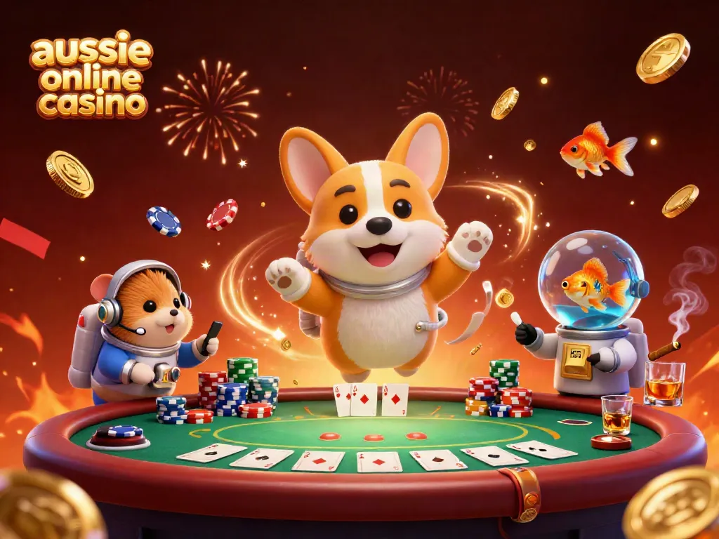 Aussie online casino scene with a cartoon astronaut corgi and mission-control hamster in a space casino
