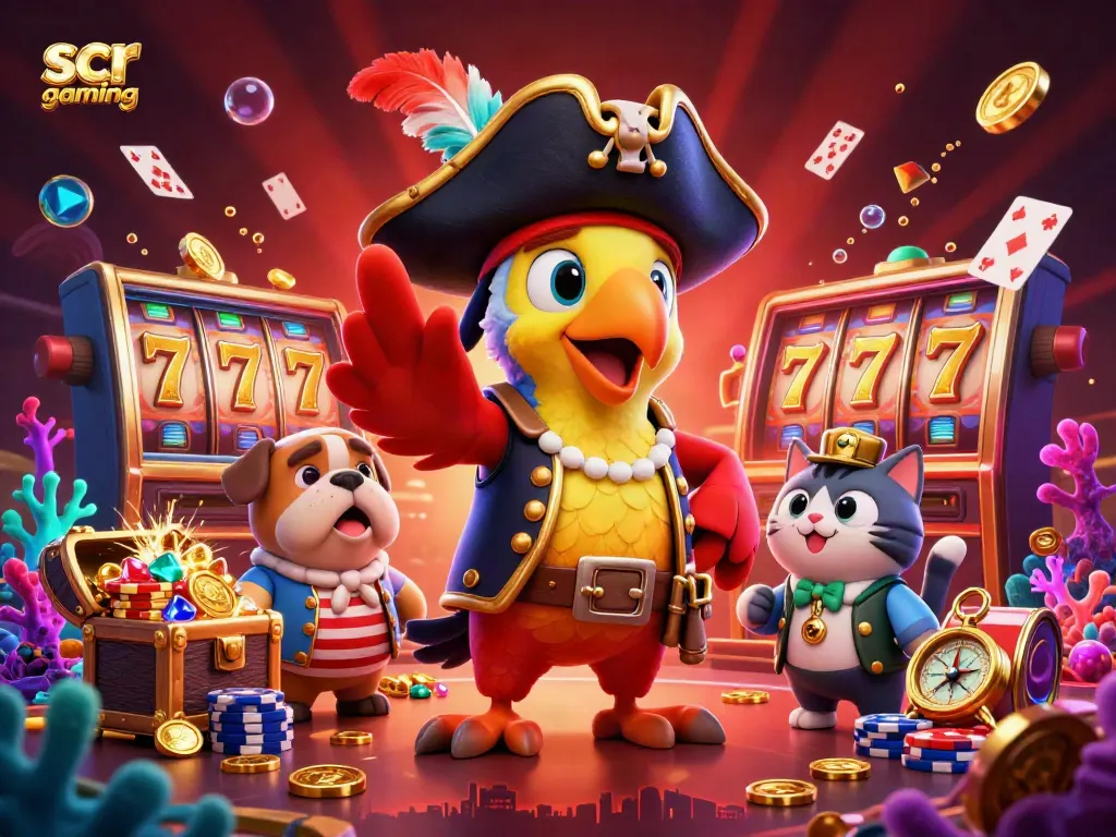 Engage in thrilling scr gaming action with a pirate parrot and lively casino elements.