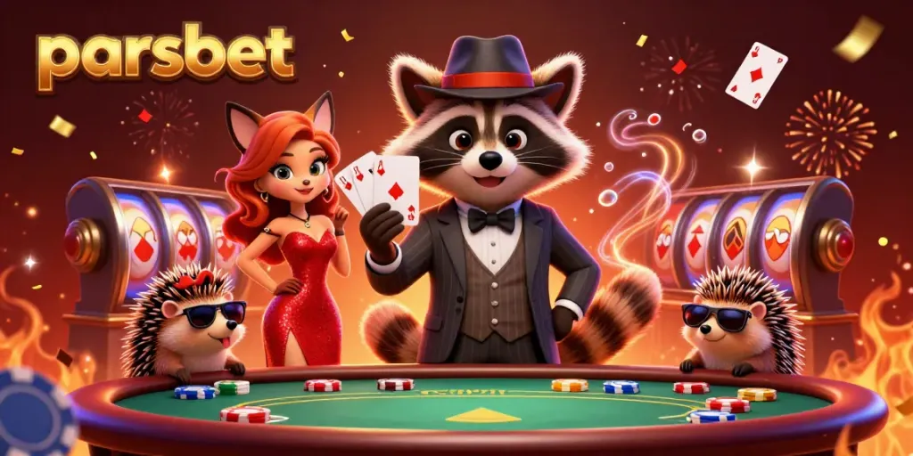 Experience excitement as a suave raccoon, fox lady, and hedgehog enjoy a dynamic casino scene at parsbet.