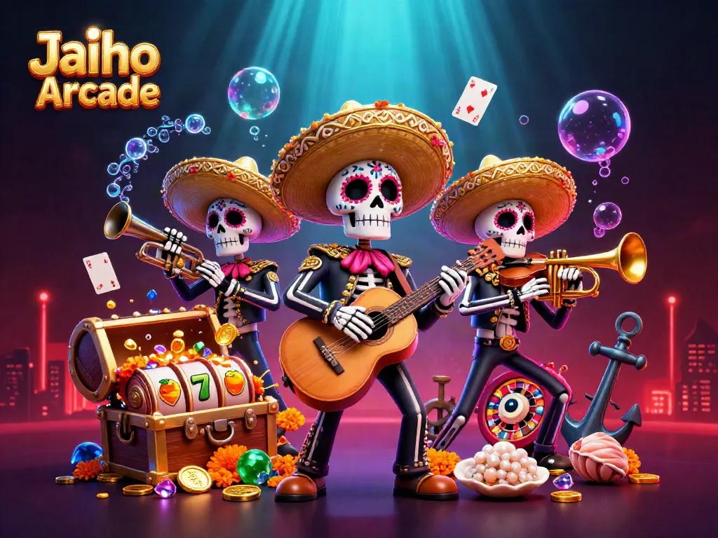 Engage with Jaiho Arcade's vibrant casino scene featuring fun skeleton mariachi characters with gaming elements.