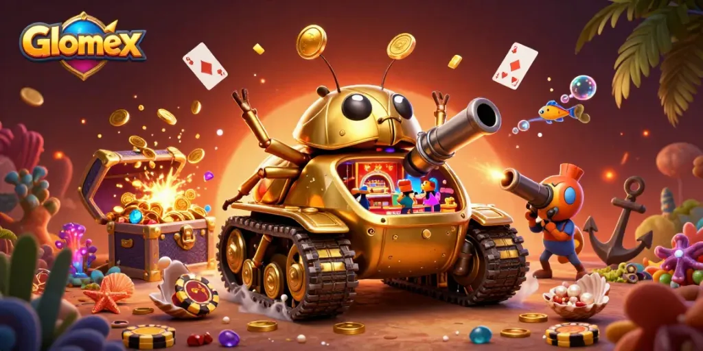 Engage in exciting bets at Glomex's miniature casino scene with vibrant graphics and elements.