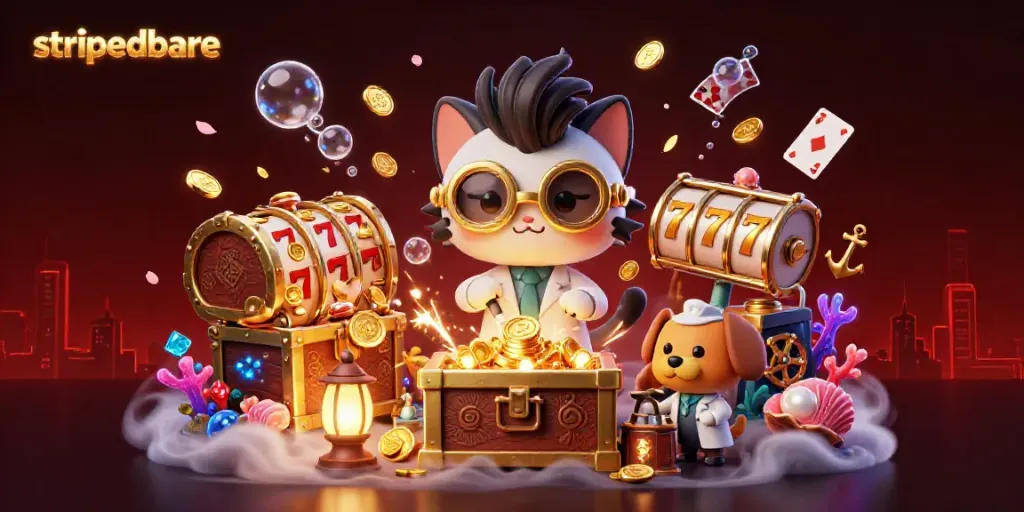Ilustrasi 3D ilmuwan gila dan anjing asisten di dalam kasino dengan tema slot, di mana emas dan permata berceceran, strippedbare mengundang pemain untuk bertaruh.