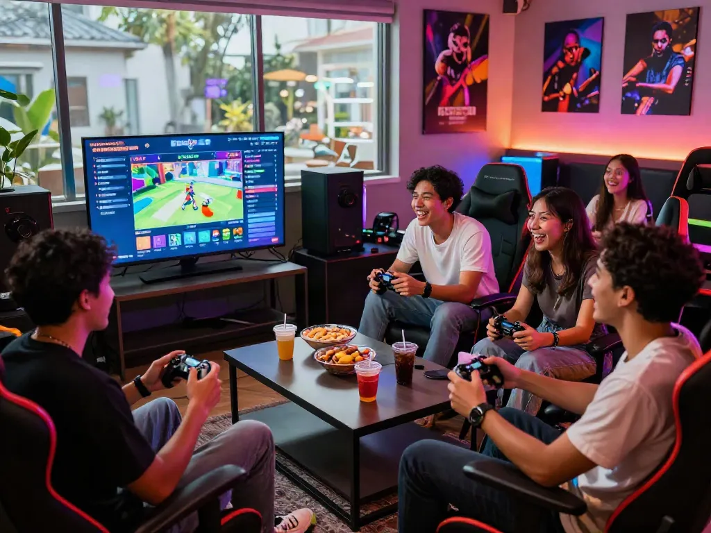 Nyonya4d gaming session with friends in a vibrant lounge.