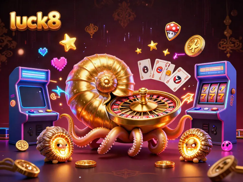 Engage in thrilling gameplay with luck8's dynamic casino experience highlighted by a vibrant illuminated 3D illustration.
